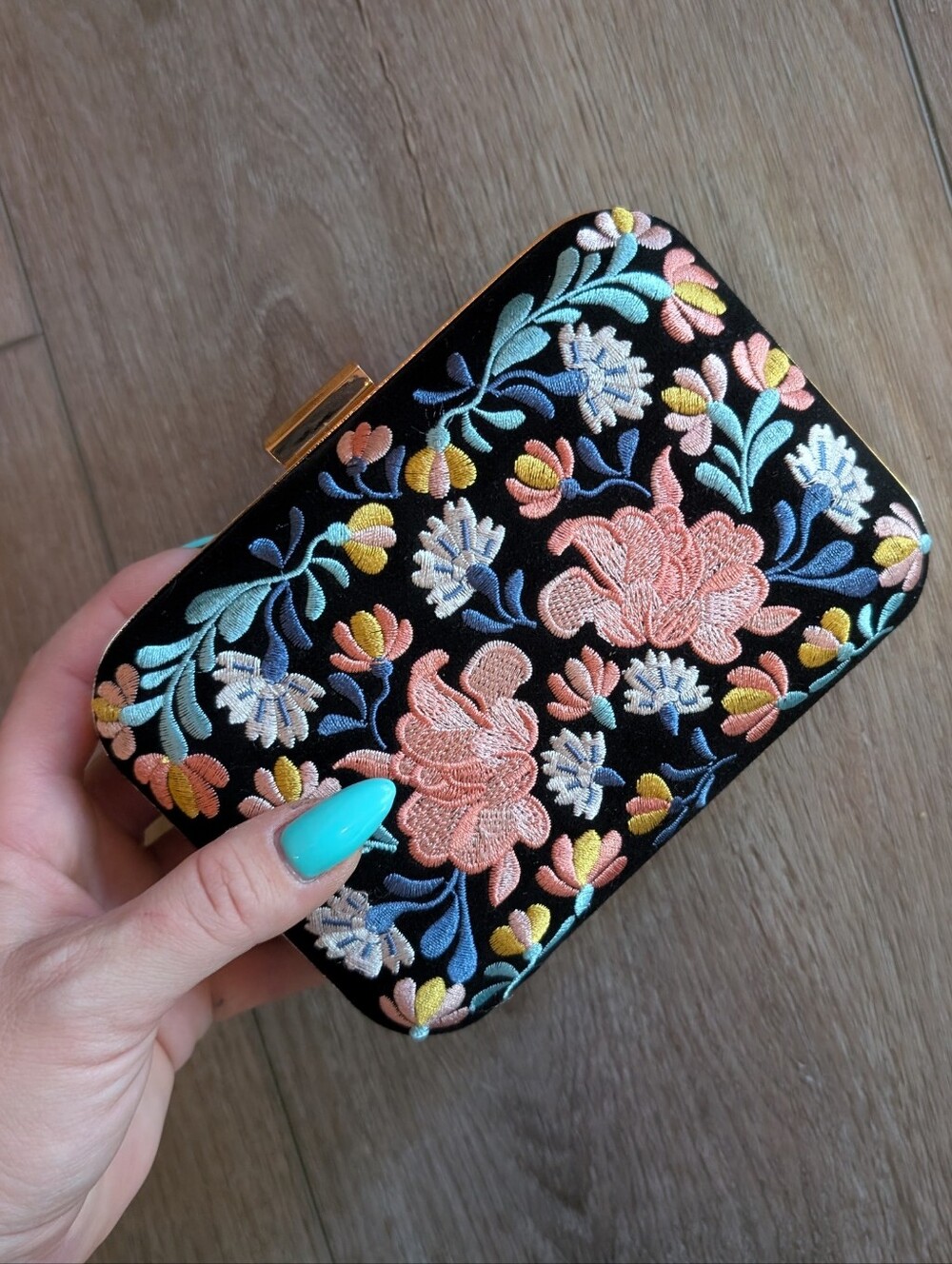 Embroidered Floral Black Clutch with Pastel Accents